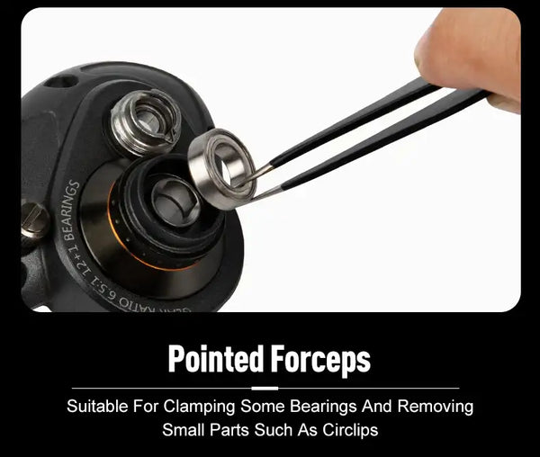 Pointed forceps tweezer tool with black tips for clamping and bearing removal