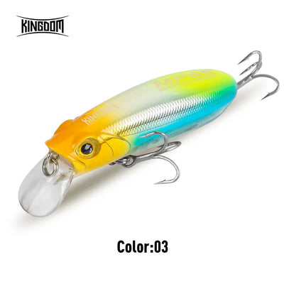 Yellow-orange and blue crankbait lure with clear lip and treble hooks