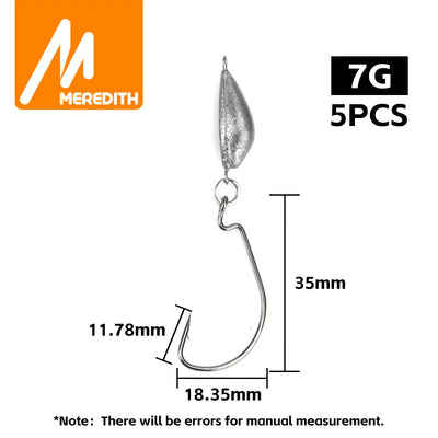 7G jig lead head weedless hook, 5pcs, curved hook with size diagram