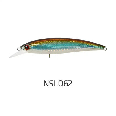 Blue-green floating minnow jerkbait with gold stripe, red eye, treble hooks