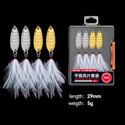 5g fishing spoon lure set: gold and silver sequin spoons with feather treble hooks (3 pcs)