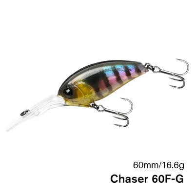 Crankbait fishing lure with treble hooks, iridescent gold and multicolor scale pattern