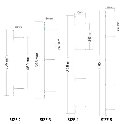 Fishing leader rig size chart showing length dimensions for sizes 2 to 5