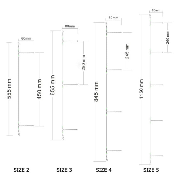 Fishing leader rig size chart showing length dimensions for sizes 2 to 5