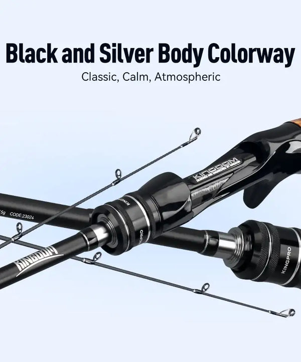 Black and silver fishing rod with wooden handle and spinning reel, angled view