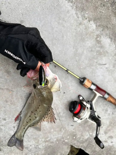 Fish holding a small micro minnow fishing lure with treble hook