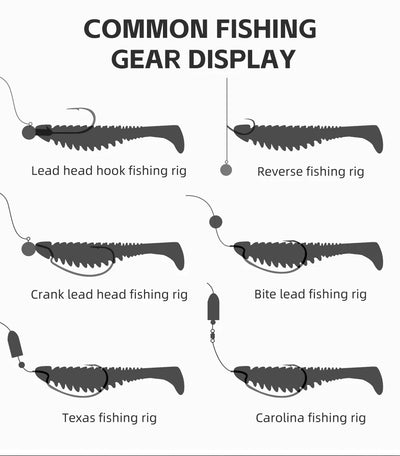 Fishing rig silhouette set showing lead-head, Texas, Carolina, and reverse rig