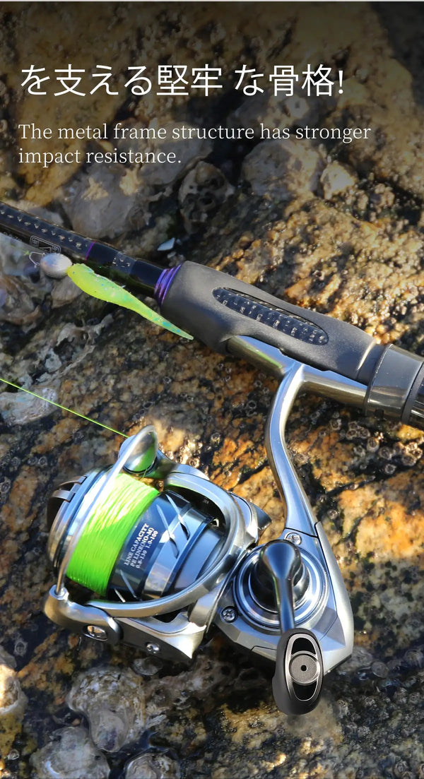 Ultralight spinning reel with green line on metal spool and round front drag knob