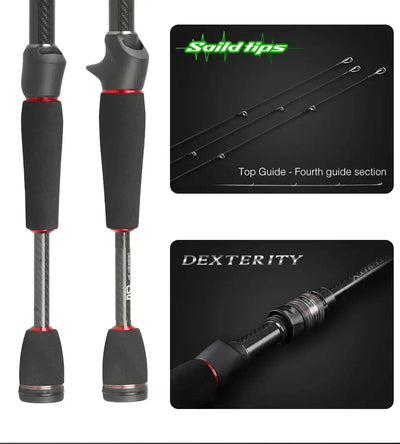 Spinning fishing rod: dark EVA handle sections with FUJI line guides and top guide