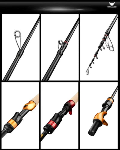 Telescopic fishing rod close-up of guide rings and reel seat in black