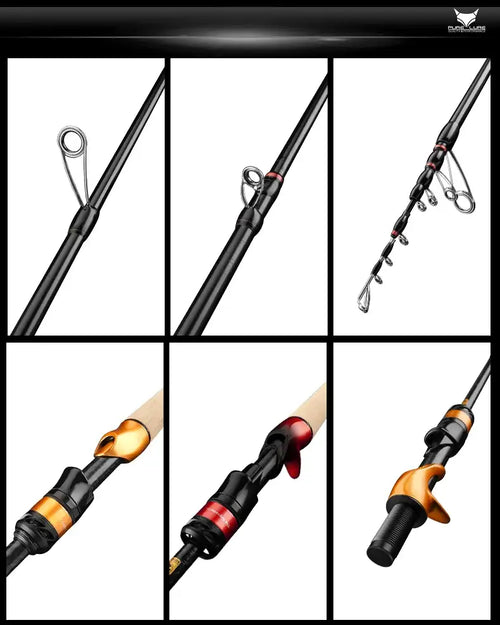 Telescopic fishing rod close-up of guide rings and reel seat in black