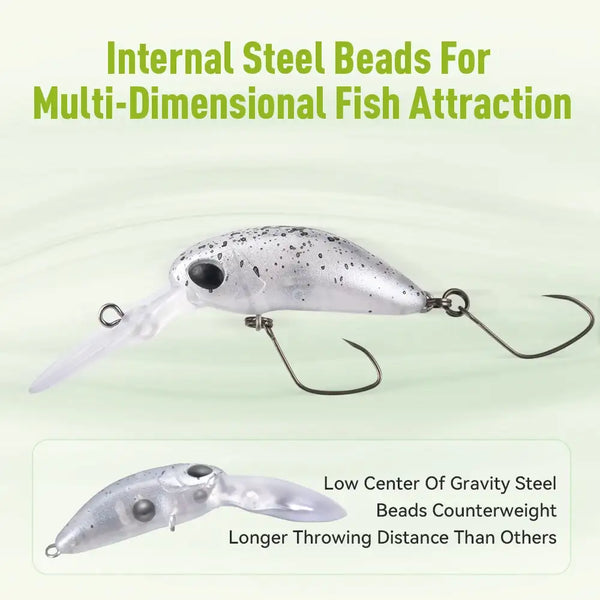 Floating artificial crankbait lure, speckled white-gray body with lip and two treble hooks