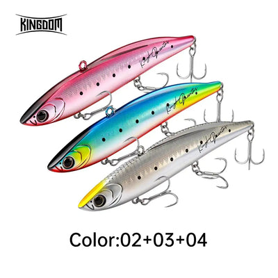 Three-piece lipless crankbait lure set with pink, blue, and silver bodies and treble hooks