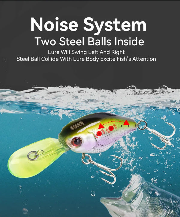 Minnow crankbait lure with purple body, chartreuse tail, red eye, and treble hooks