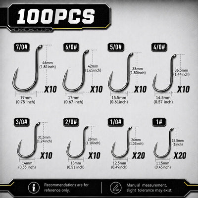 Size chart for 100pcs octopus hooks with silhouettes for 7/0 to 1
