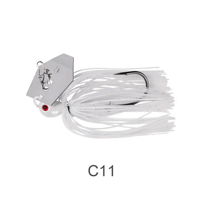 Chatterbait bladed jig with white skirt, silver blade, red-and-black eye, wire blade and treble hooks