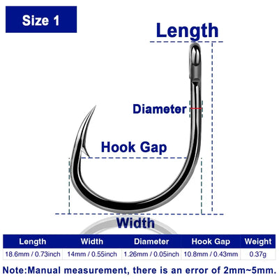 Size 1 live bait hook diagram with labeled length, width, diameter, hook gap