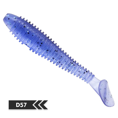 Blue translucent soft fishing lure with speckled pattern and paddle tail, code D57