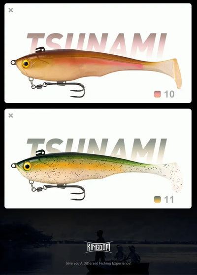 Two colored soft fishing lures shown on a selection chart with double hooks