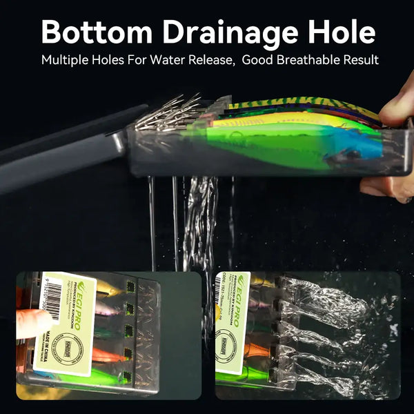Orange and green squid jig lure with hooks showing water draining from body holes
