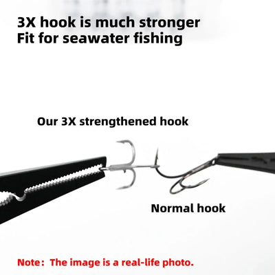 3X strengthened treble fishing hook vs normal hook, reinforced metal body, sharp points