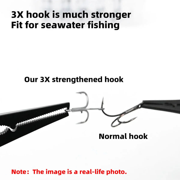 3X strengthened treble fishing hook vs normal hook, reinforced metal body, sharp points