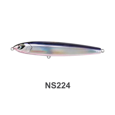 Iridescent silver hard stickbait with purple-blue back, metal rings, NS224.