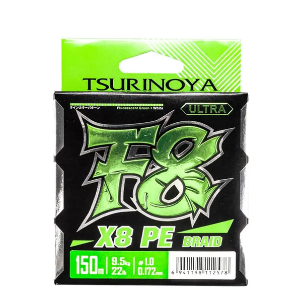 Green X8 PE braid fishing line package, 150m, black and neon label