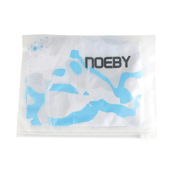 NOEBY UV sun gaiter pouch, blue-and-white camouflage print with NOEBY logo