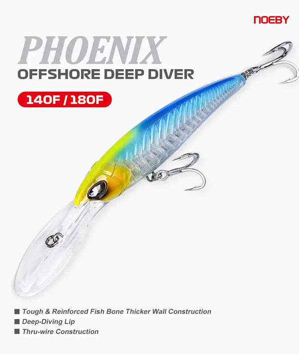 Noeby Phoenix offshore deep diver minnow lure, translucent blue/yellow with treble hooks