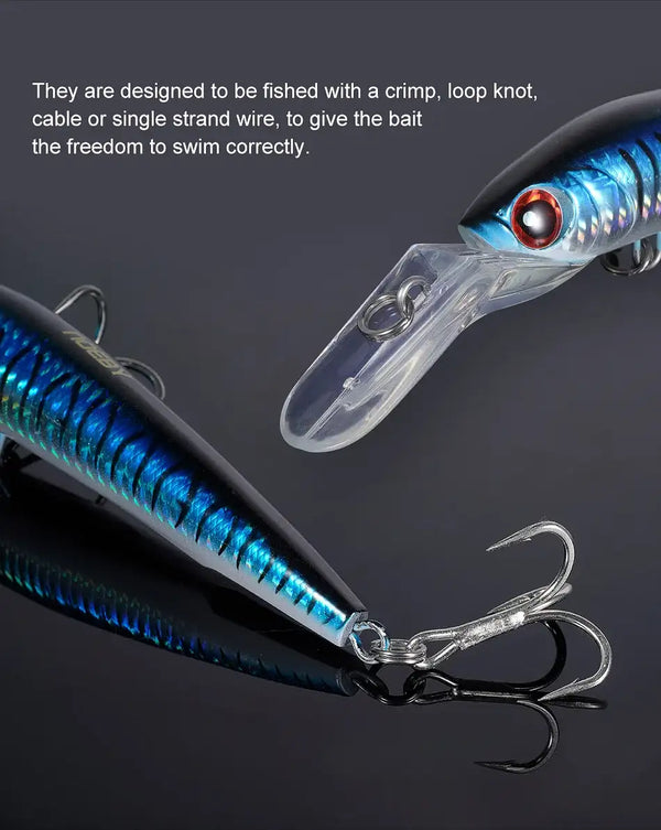 Two hard plastic minnow lures with clear lip, blue metallic finish, treble hooks