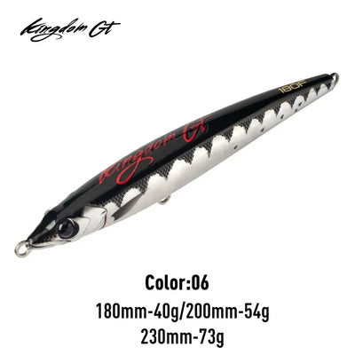 Floating pencil sea fishing lure, black top with white speckle pattern and gold line eye