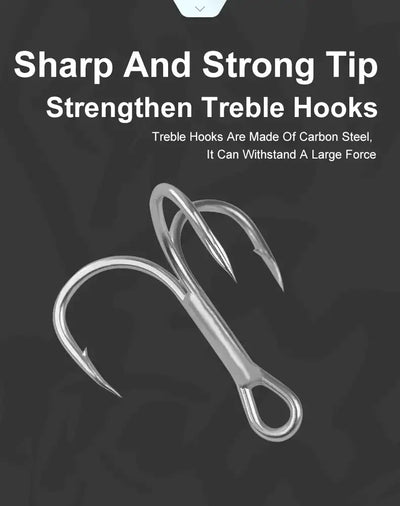 Treble hooks for fishing lure, shiny silver three-prong hook design.