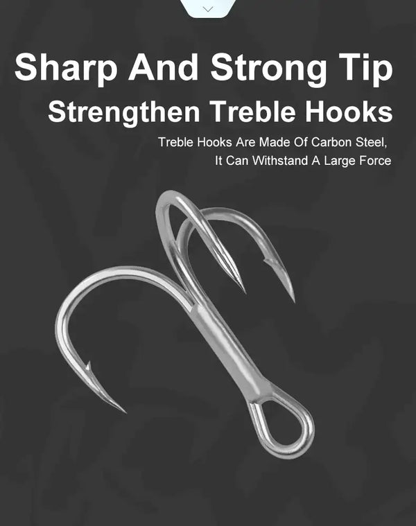 Treble hooks for fishing lure, shiny silver three-prong hook design.