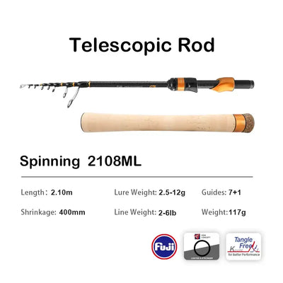 Telescopic spinning fishing rod with cork handle and orange reel seat