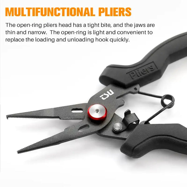 Close-up multifunction fishing pliers with narrow jaws and black ergonomic handle