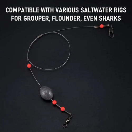 Egg sinker fishing rig with red beads, swivel hook, and braided fishing line