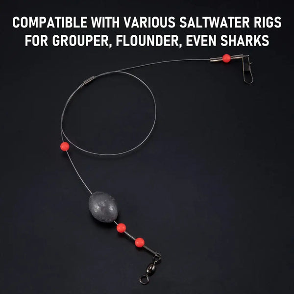 Egg sinker fishing rig with red beads, swivel hook, and braided fishing line