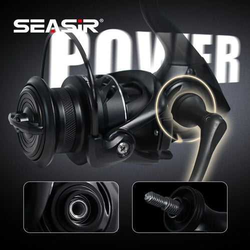 Black spinning reel with round drag knob and side cutaway details