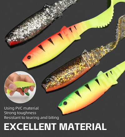 Soft silicone shad fishing lures set with glitter and neon colors, multiple baits shown