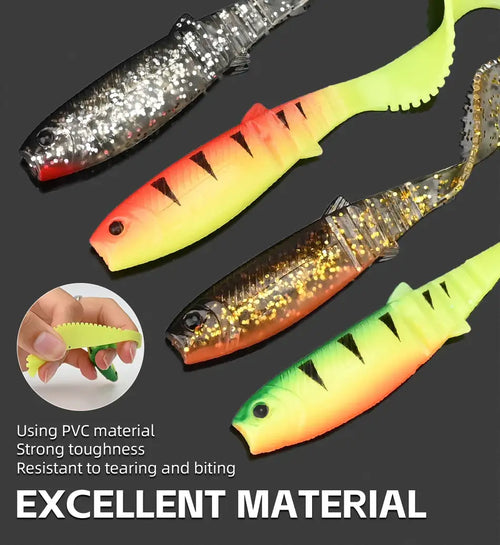 Soft silicone shad fishing lures set with glitter and neon colors, multiple baits shown
