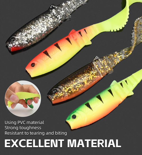 Soft silicone shad fishing lures set with glitter and neon colors, multiple baits shown