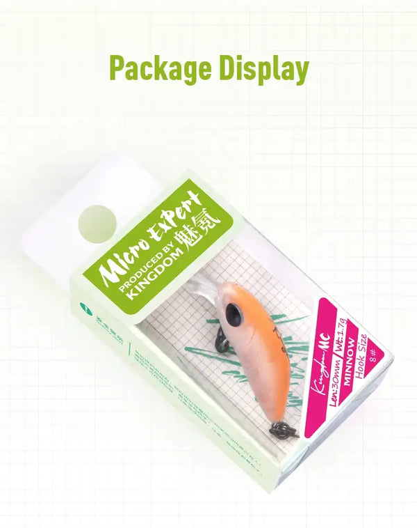 Kingdom Micro Expert minnow lure retail package, orange hard plastic crankbait