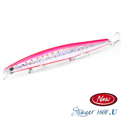 Floating minnow hard body lure, pink-red top with silver belly, clear treble hooks