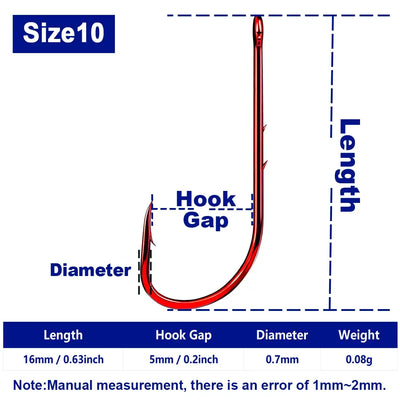 Red baitholder long-shank fishing hook, Size 10, high carbon steel