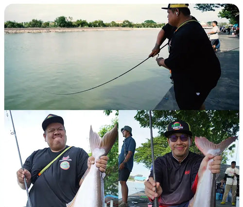 Angler holding a spinning rod while catching fish outdoors