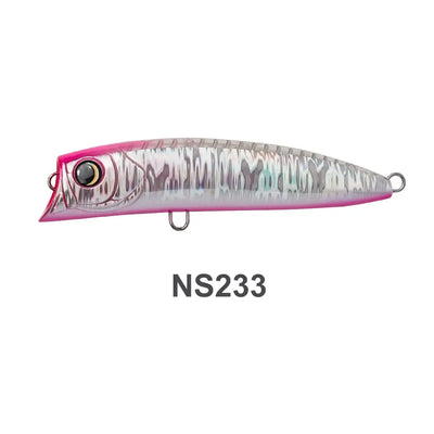 Gray and white fishing popper lure with painted scale pattern and front eye