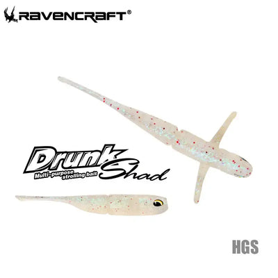 Ravencraft Drunk Shad soft shad bait in translucent white with red speckles and yellow eye for slow sinking wing-fin action