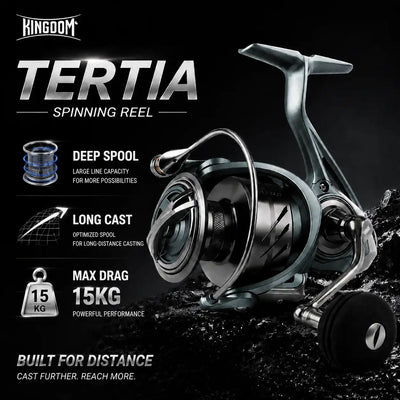 Spinning fishing reel with deep metal spool and front handle, dark gray and black