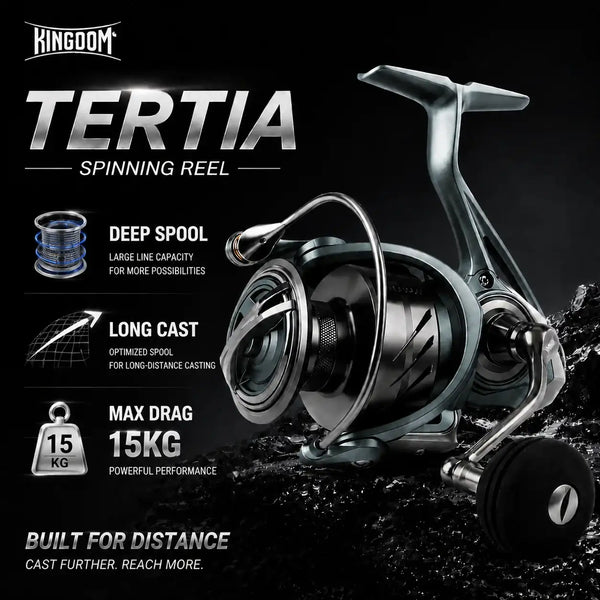 Spinning fishing reel with deep metal spool and front handle, dark gray and black